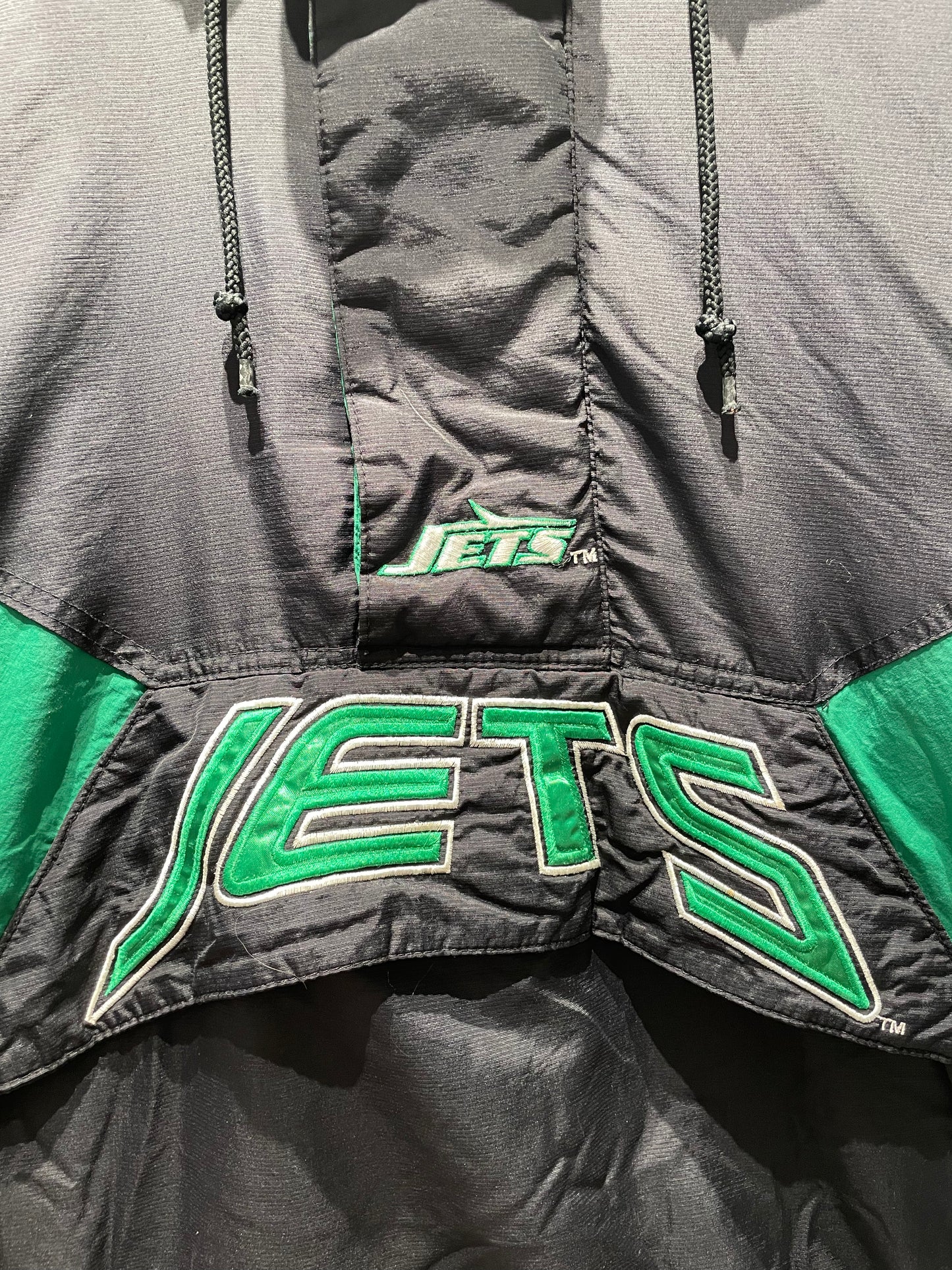 【古着】90's NFL ニューヨーク・ジェッツ New York Jets ナイロン 中綿 ジャケット ブラック グリーン 黒 緑