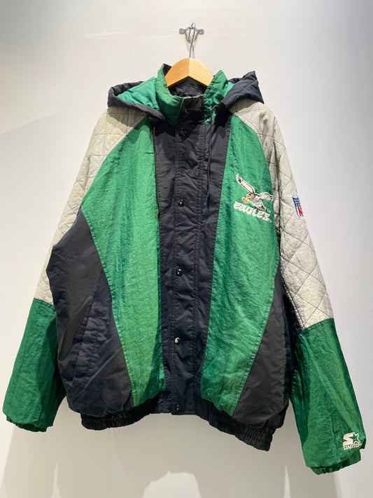 【古着】90's NFL フィラデルフィア・イーグルス Philadelphia Eagles ナイロン 中綿 ジャケット ブラック グリーン 黒 緑