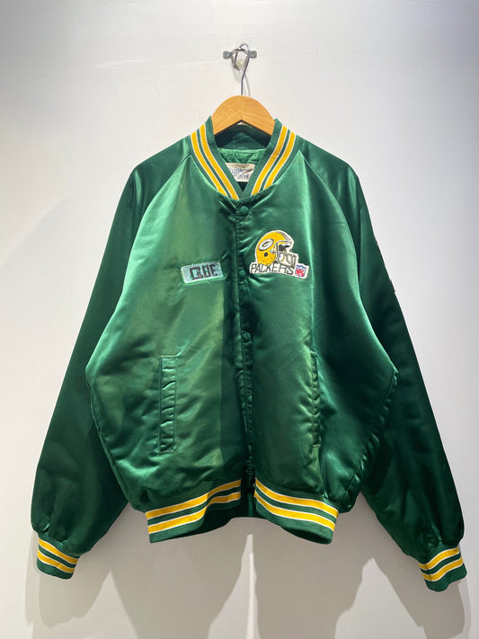 【古着】80's NFL グリーンベイ・パッカーズ Green Bay Packers サテン ナイロン 中綿 ジャケット スタジャン グリーン 緑